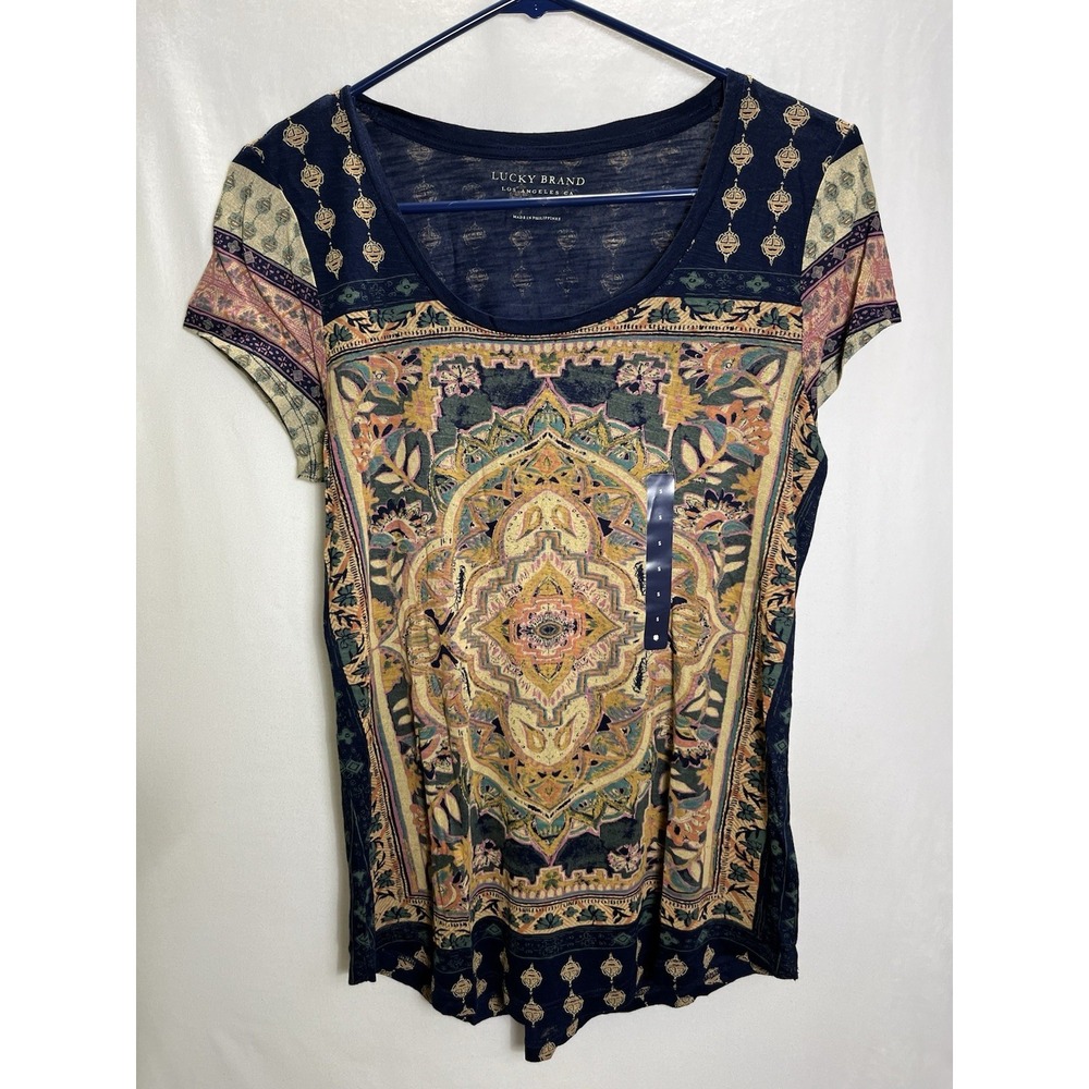 Lucky Brand T-shirt Womens Small Blue Persian Carpet Tee Boho Short Sleeve